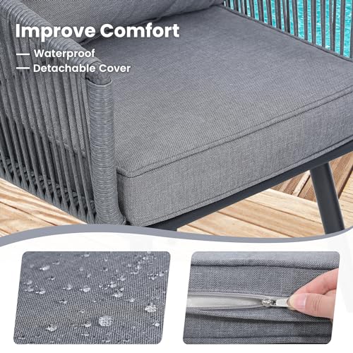 Kromax 3 Pieces Patio Rattan Bistro Conversation Set, Outdoor All-Weather Wicker Furniture Chairs and Side Table Set Ideal for Balcony, Porch and Backyard, Grey - Thumbnail 5