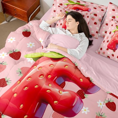 Image of Feelyou Girls Pink Red Strawberry Comforter Set with Sheets 7 Piece Twin Size Initial Letter F Bedding Set for Kids Boys Girls Princess Strawberry Bed in a Bag Room Decor Soft Lightweight Microfiber