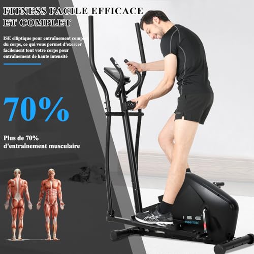 ISE Velo Elliptique d'Appartement Sport Maison, Vélo Elliptique Magnétique 8 Niveaux Résistance, Velo Elliptique Ergonomie Crosstrainer avec Impulsion, Poids d’Inertie 8KG, Vélos Elliptiques Ecran LCD – Image 3