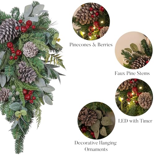 Valery Madelyn Pre-Lit Christmas Teardrop Swag for Decorating Outdoor, 24 Inch Red Brown Mailbox Swag Decoration with 20 LED Lights, Ball Ornaments for Front Door Stairway Window Shelf Xmas Decor by Valery Madelyn - Image 5