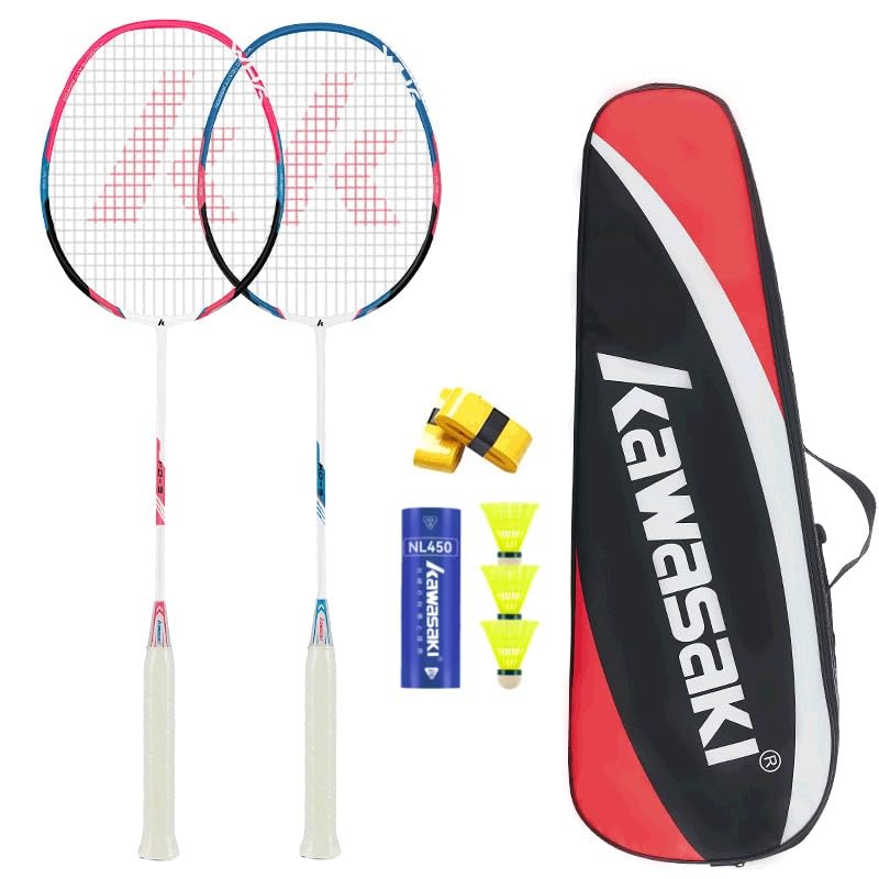 Kawasaki Badminton Racket Professional Graphite Badminton Set of 2 Lightweight Racquet for Sports, Training & Entertainment with 3 Badminton Shuttlecocks/2 Overgrips/1 Carrying bag