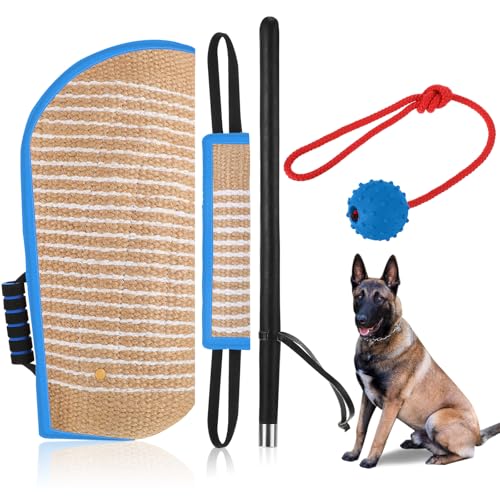 Leyndo 4 Pcs Dog Training Set Include Dog Sleeve Pillow Tug Toy Training Stick and Rubber Ball Professional Equipment for Biting Interactive Fetch Puppy (Blue)