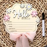 Amyhill Pink Bow Flower Baby Birth Announcement Sign 6.1 inch Hello World Newborn Sign Personalized Wooden Welcome Announcement Board for Hospital Nursery Gifts for Expectant Mothers