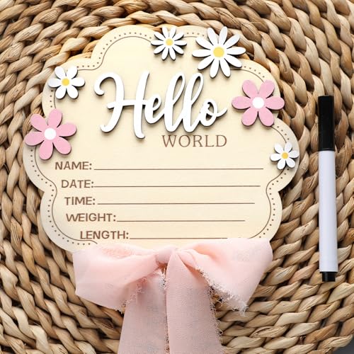 Amyhill Pink Bow Flower Baby Birth Announcement Sign 6.1 inch Hello World Newborn Sign Personalized Wooden Welcome Announcement Board for Hospital Nursery Gifts for Expectant Mothers