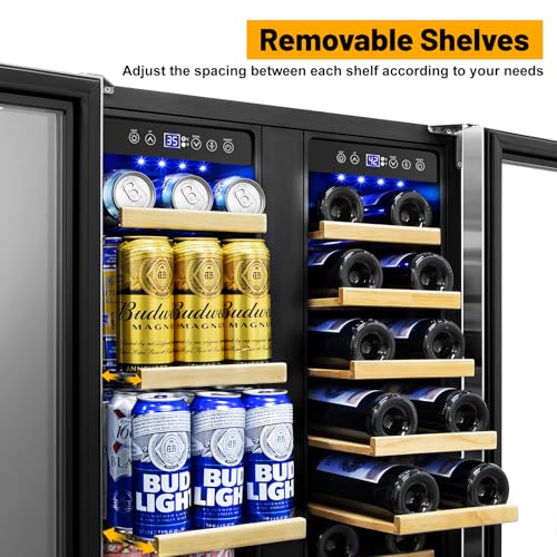Image of Wine and Beverage Refrigerator, 24 Inch Beverage Cooler Dual Zone with Glass Door, Built-in /Freestanding Beverage Fridge with Upgraded 20 Bottles and 90 Cans Large Capacity
