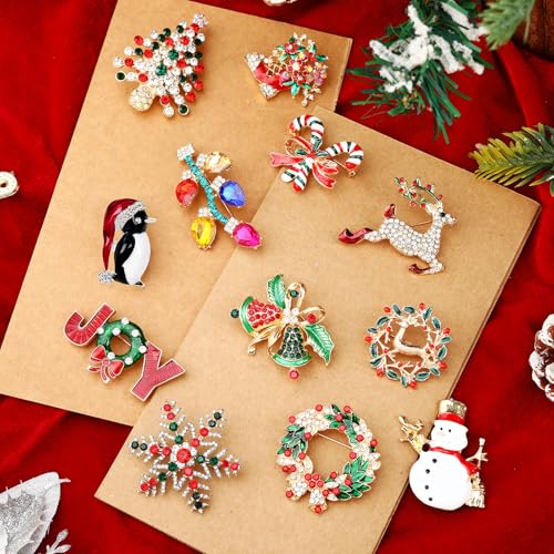 Image of 12PCS Merry Christmas Brooches, Crystal Rhinestone Pins for Women | Xmas Trees Snowman Elk Penguin Light Bulb Design, Sparkling Christmas Jewelry Gift for Girls, Holiday Party Ladies Accessorie
