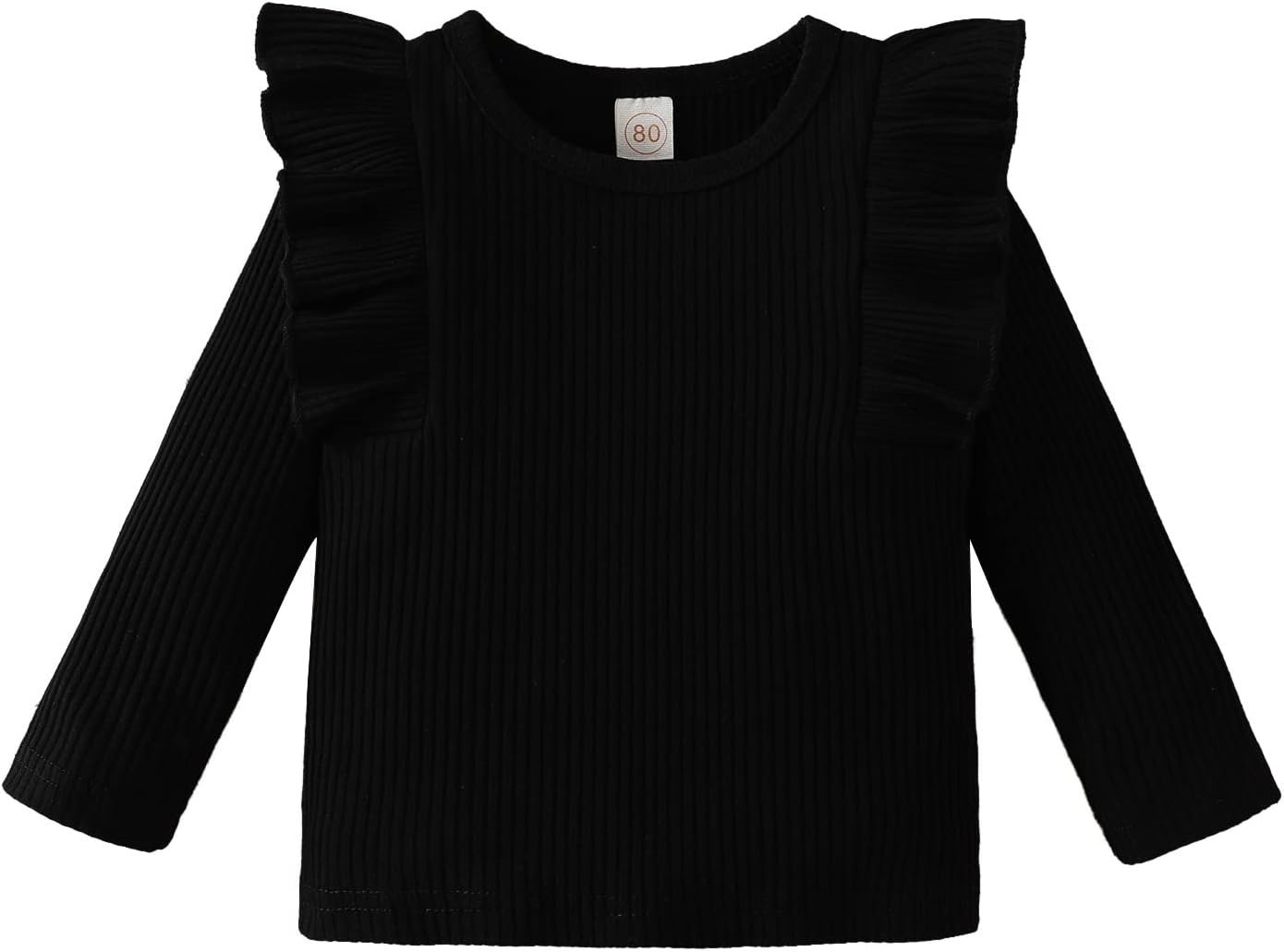 Toddler Baby Girls T Shirt Ruffle Long Sleeve Ribbed Knit Top Kids Basic Plain Cotton Solid Color Blouse