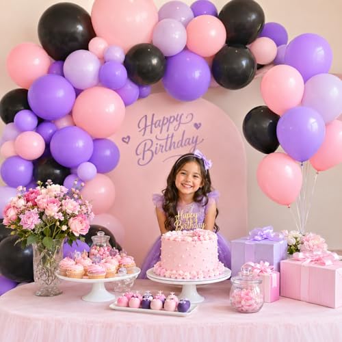 Image of Pink Purple Black Balloons, 60pcs 12 Inch Dusty Pink Purple and Black Party Balloons for Girls Birthday Bride Baby Shower Wedding Bachelorette Spooky Witch Themed Halloween Party Decorations Supplie