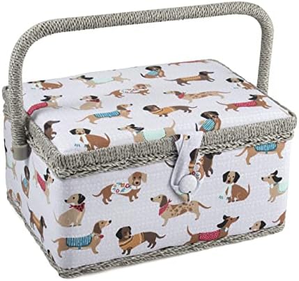 Hobby Gift Exclusive Medium Sewing Craft Hobby Storage Box, Accessories Tray Pin Cushion Pocket PVC Handle 18.5 x 25.5 x 14.5cm, Grey Dogs
