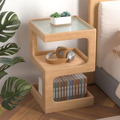 ihomemore Moderner Beistelltisch aus Massivholz mit Glasplatte – Nachttisch mit 3 Ablagen für Wohnzimmer & Schlafzimmer Skandinavisches Design...