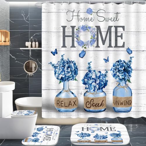 ALEXEX 4 PCS Blue Hydrangea Shower Curtain Sets Home Sweet Bathroom Set with Shower Curtain and Rugs and Accessories Farmhouse Country Shower Curtain Bathroom Decor with 12 Hooks 72 X 72 Inches