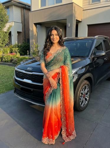Image of Soft Fandy Satin Saree with Fancy C Pallu, Sequence Zari Work & Heavy Embroidered Stitched Blouse (Free Size)
