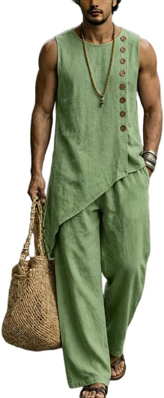 Men's retro irregular hem sleeveless shirt straight leg pants set, loose linen casual vacation 2-piece set