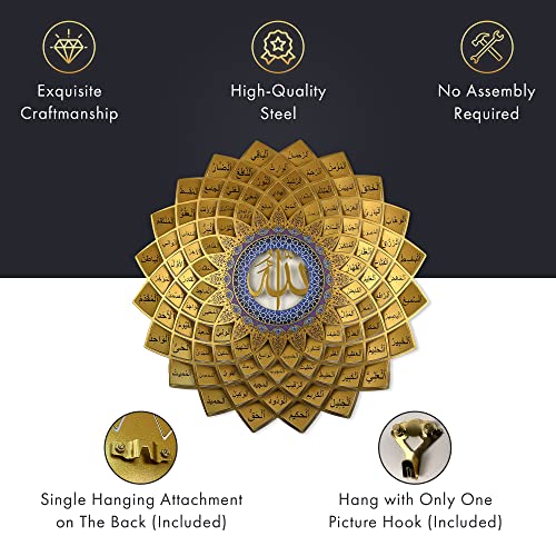 Falaq Metal Islamic Wall Art - 26"X26" 99 Names Of Allah Wall Decor - Beautiful Steel Arabic Calligraphy Islamic Gifts & Ramadan Decorations For Home, Muslim Weddings & Holidays - Gold #TOP4