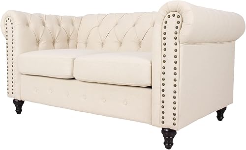 Miniatura 4 de Sofá Chesterfield tradicional de lino con decoración de remaches y patas de madera para sala de estar, color crema