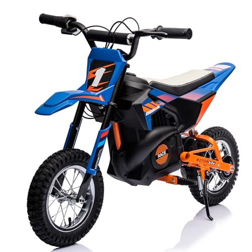 JoyWheel 24V Dirt Bike for Kids, 250W Motor 13.6MPH Fast Speed Kids Electric Dirt Bike, Electric Off-Road Motorcycle with Rear Wheel Suspension, Leather Seat, Metal Suspension, Blue