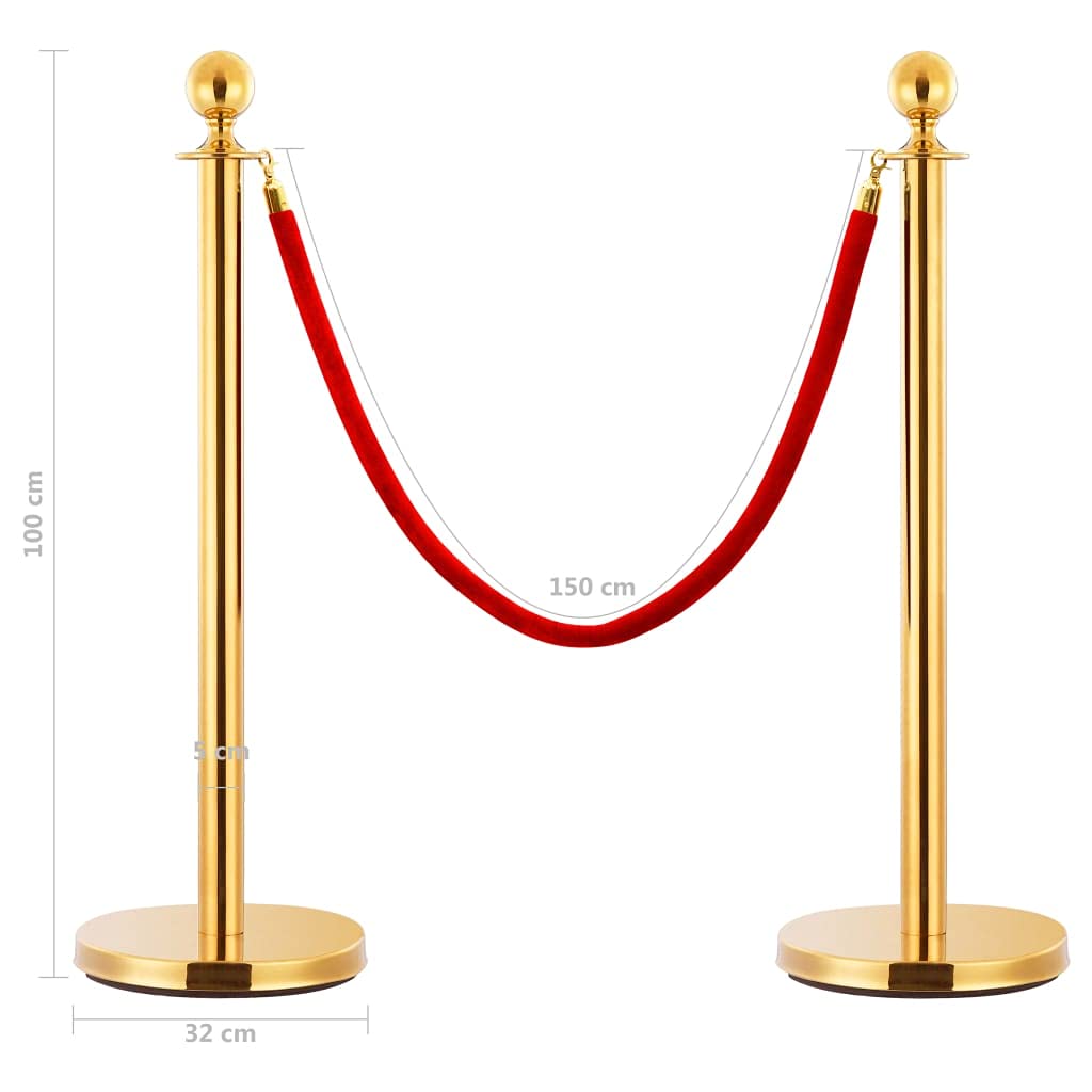 Vip Poteau de dépôt doré 3 pièces - Cordon rouge 150 cm - 6,5 kg par poteau - Poteaux de clôture pour mariage, restaurant et club