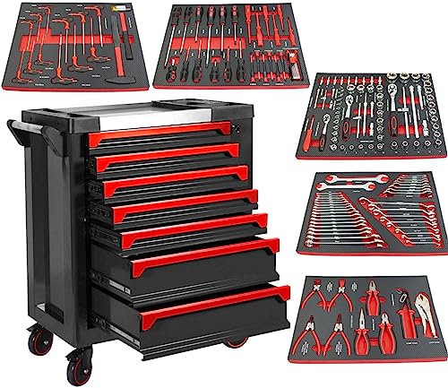 Carro de taller con herramientas 7 cajones y puerta lateral | 5 modulos fibra carbono, rojo