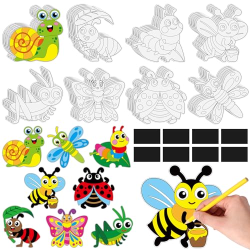RoundFunny 40 Pack Summer Bug Crafts Kit DIY Magnet Sticker Coloring Art Activity Bee Butterfly Ladybug Insect Crafts for Summer Camp VBS Party Favors
