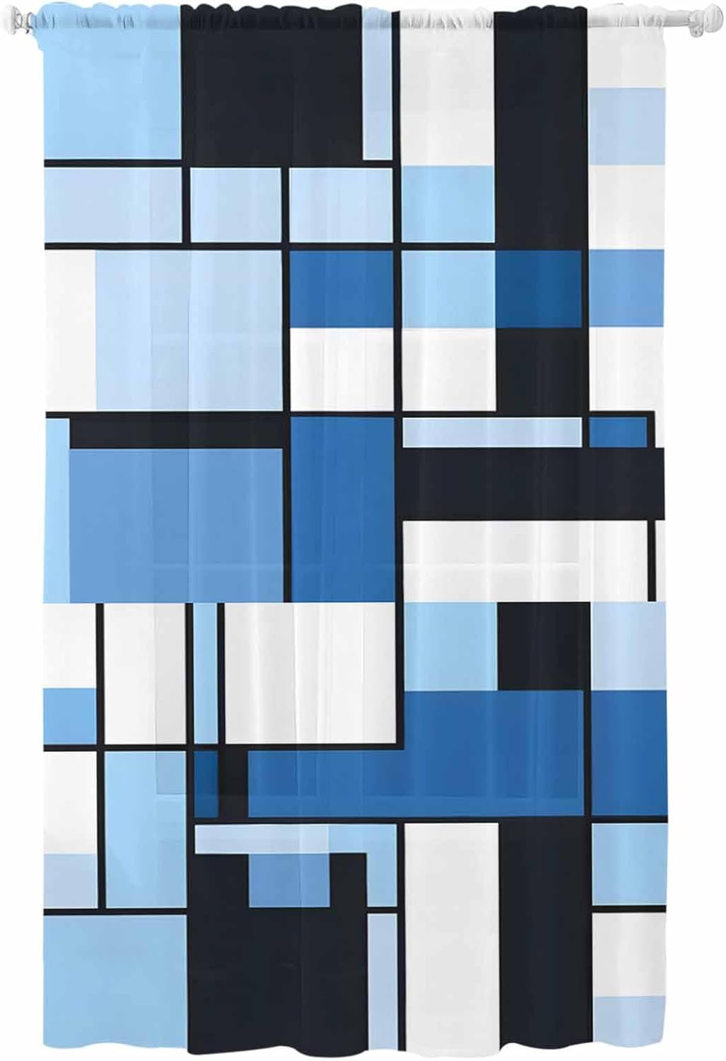 Blue Black Abstract Art Geometric Sheer Chiffon Curtain Modern Minimalist Voile Window Drape for Bedroom 63 Inch Long,Single Panel Semi-Sheer Light Filtering Window Treatment for Living Room, Nursery