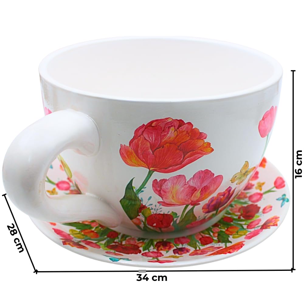 Dekohelden24 XXL Blumentopf, Pflanztasse, Pflanzkübel, Pflanzgefäß, Blumenkübel, Pflanztopf. Übertopf als Tasse mit Griff aus Keramik, Motiv: Tulpenmeer, L/B/H 34 x 28 x16 cm.