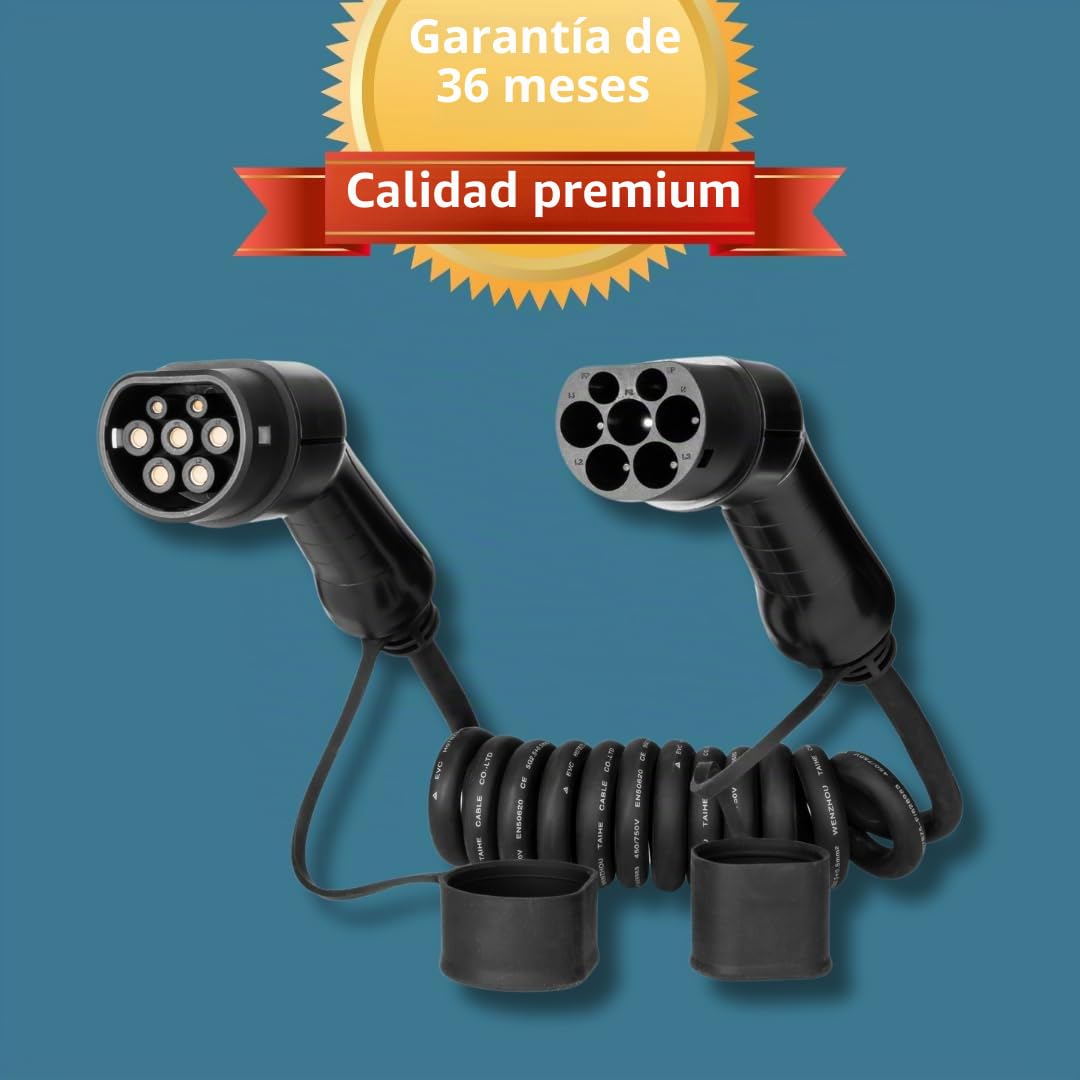 Cable de carga en espiral | Tipo 2 – 22 kW, 32 A, 3 fases, 3 m, para coches eléctricos, cable robusto de 3 m, IP54, certificado CE y TUV, para coches eléctricos tipo 2 en Europa