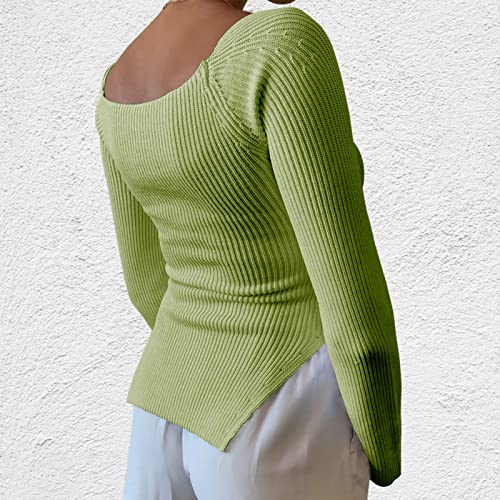 Image of Women's Square Neck Ribbed Knitted Sweater Long Sleeve Crop Slim Fitted Basic Pullover Tops