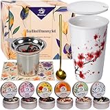 Harmoleaf Tea Gift Set for Women - 6 Herbal Loose Leaf Tea Blends, Insulated Ceramic Cup with Infuser & Lid | Birthday, Mother's Day, Anniversary & Retirement Gift for Her