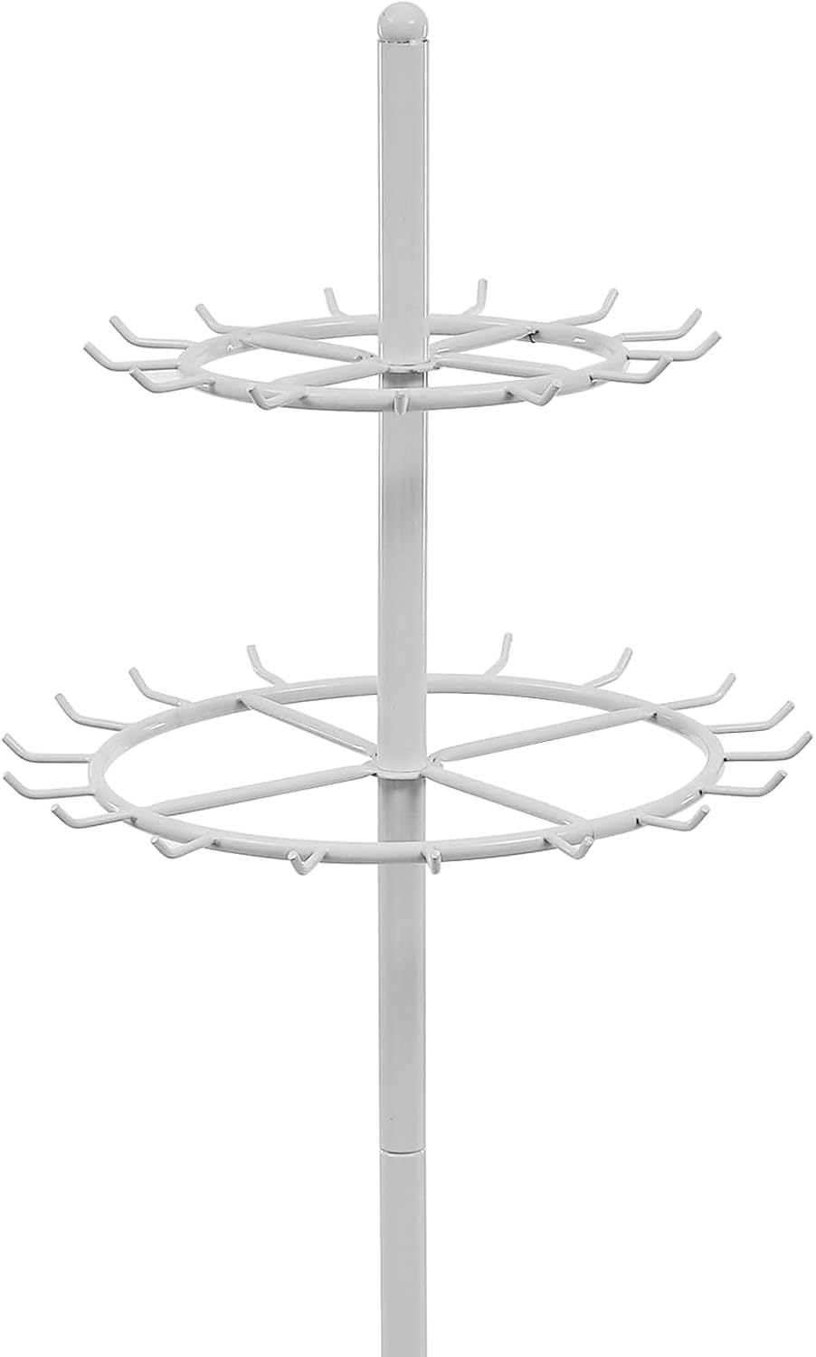 66" Belt Display Shelf Floor Standing, 2 Tier Scarf & Tie Rack with 31 Hooks, 360° Rotation Jewelry Organizer Stand for Scarves, Belts, Necklaces, Purses - for Boutiques, Bedroom, Closet (White)