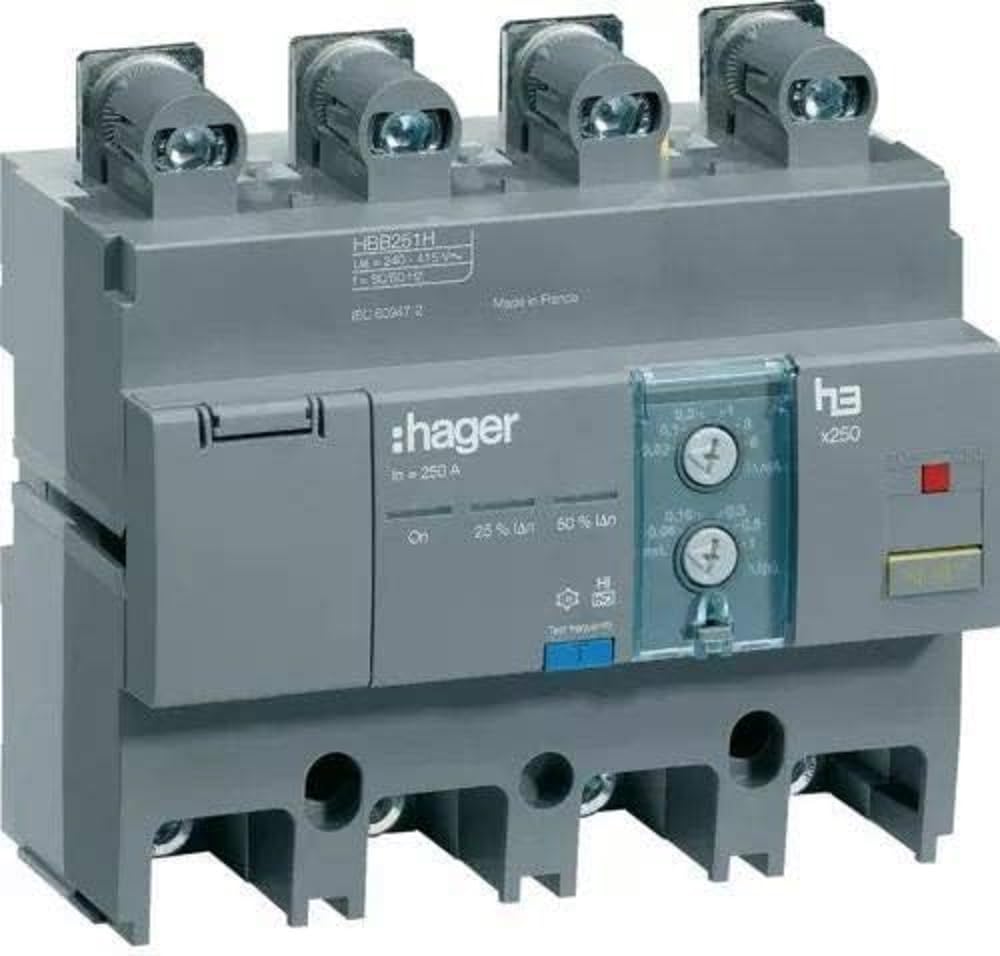 Hager Sistemas HBB251H Bloque Diferencial Electrónico para X250 de 250A, 4P, Regulable, Montaje Inferior