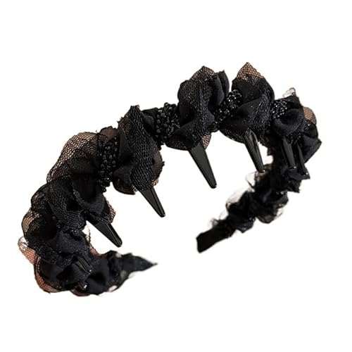 KAJYLFAST Black Lace Beaded Woven Toothed Hairband Women Headpiece for Styling Loose Hair