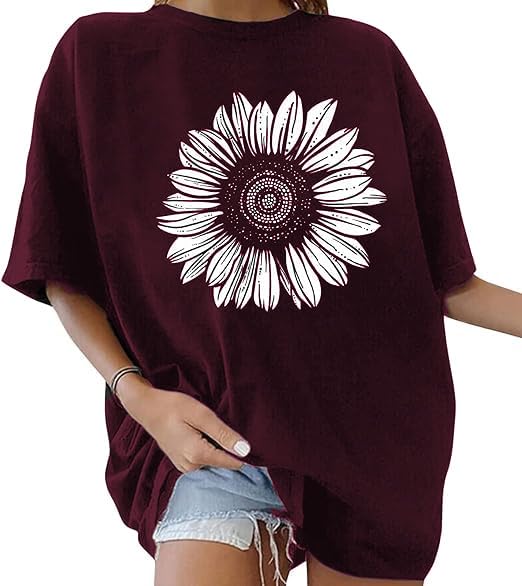 ELEVEN Women’s Oversized Graphic Print Short Sleeve Tunic Tops Crew Neck Casual Drop Shoulder T Shirts (Medium, Maroon)