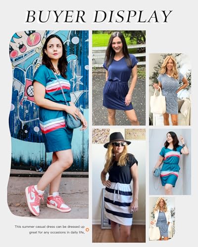 Image of AUSELILY Womens Summer Mini Dress, Short Sleeve V Neck Drawstring Casual | Soft smooth drape with an adjustable drawstring waist for beach, casual outings and daily wear