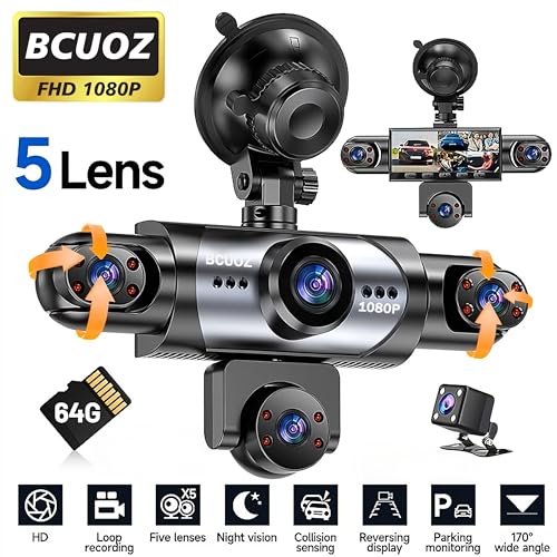 BCUOZ 5 Lens Dash Cam, FHD 1080P Front Camera, Night Vision, Loop Recording, 170° Wide Angle, Parking Monitor, with 64GB SD Card by Generic - Image 2