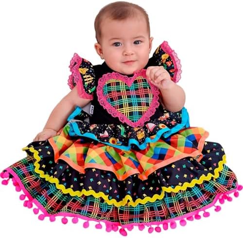 Vestido Bebe Pra Menina de Festa Junina Luxo Preto e Colorido Sai...