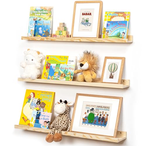 Image of Picture Ledge Shelf for Wall, 36 inches Solid Pine Wood Nursery Book Shelves 3 Packs, Floating Ledge Shelves for Kids' Room Bedroom Bathroom Living Room Photo Frames Office Nursey Wall Decor, Natural
