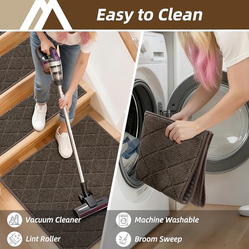 Image of COSY HOMEER Edging Stair Treads Non-Slip Corner Indoor Stair Runners for Wooden Steps,Landing Slip Resistant Stair Rugs Mat for Kids and Dogs,100% Polyester TPE Backing,Brown,30x30 inch