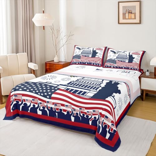 Feelyou Patriotic 250th Anniversary Bed Sheets Set Full Size 4th of July Bed Set for Kids Boys Girls Patriotism Sheet Set Statue of Liberty,1 Fitted Sheet+2 Pillow Sham+1 Flat Sheet