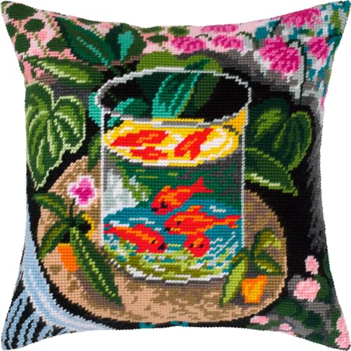 Image of Artistic Stamped Cross-Stitch Kit for Adults and Beginners - Red Fish by Henri Matisse 16″ x 16″ with Clear, Precise Printed Design on Cotton Canvas; Includes 2 Needles, Yarn, and Easy-Read Chart