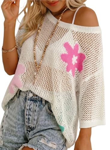 Image of Dokotoo Womens Floral Fashion Summer Tops 2026 Short Sleeve Crochet Sweaters Swimsuit Cover Ups Lightweight Knit Pullover