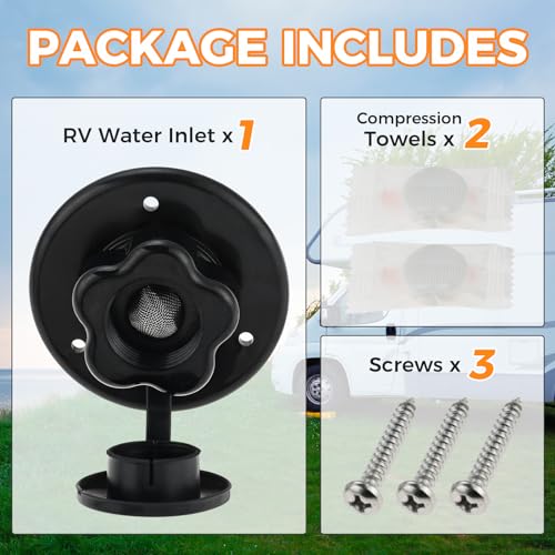 Image of RV City Water Fill Inlet, RV Water Hose Connector, Plastic Flange with Check Valve, Threaded Tube Flange Length 3 inchto 1 /2 inch, for Camper, Trailer, Marine (Black)