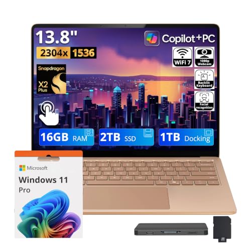 Image of Microsoft Surface 13.8 inch 2K Touch Laptop, Snapdragon X2 Plus, 16GB LPDDR5X, 3TB Storage(2TB SSD+1TB Docking Station Set), Qualcomm Adreno Graphics, Copilot+ PC, Backlit Keyboard, Win 11 Pro, Dune