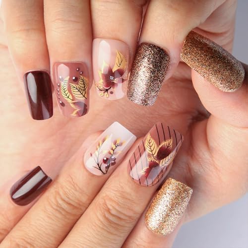 24個 花 つけ爪 葉 人工爪 キラキラ フルカバー スティックオン ミディアム スクエア プレスオン