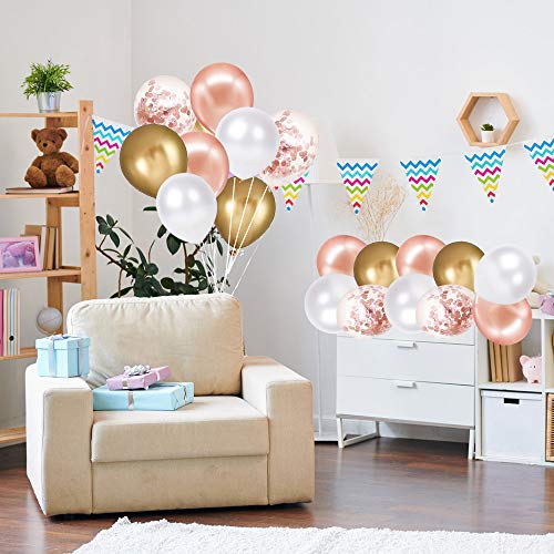 Image of Rose Gold Confetti Latex Balloons, 60 Pack White Balloons 12 Inch with Gold Ribbon for Birthday Party, Wedding, Bridal Shower Decorations