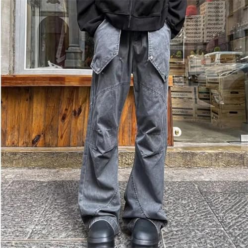 Men Washed gray9 Pleated Baggy Flare Cargo Jeans Pants Clothes Cotton Streetwear Hip Hop Long Trousers2