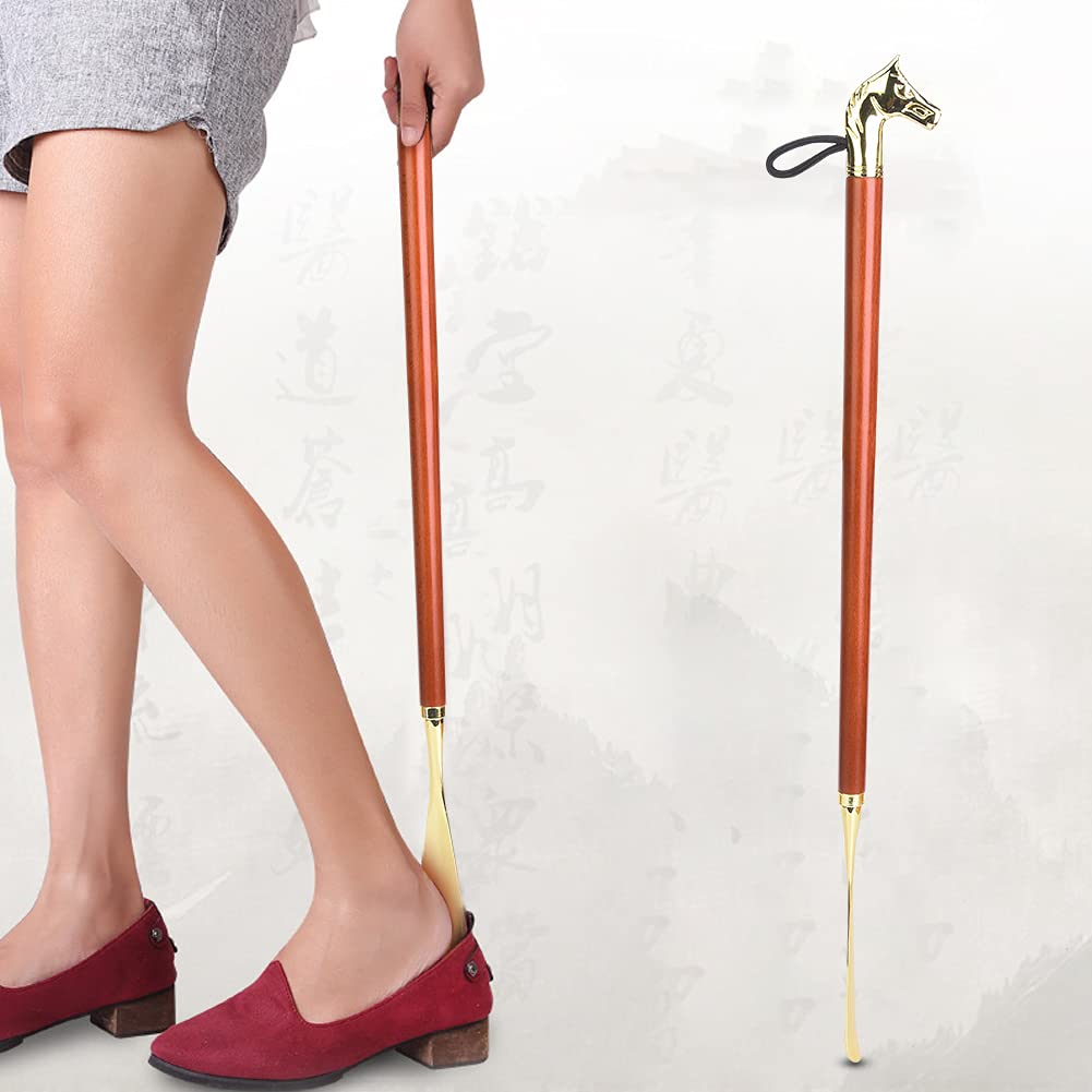 Calzascarpe lungo, a forma di testa di cavallo, in metallo, decorativo, con manico in faggio, accessorio per scarpe per uomo, donna, anziani, 55 cm, marrone