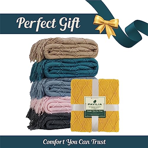 Pavilia Mustard Yellow Knit Throw Blanket Couch, Soft Knitted Boho Blanket, Farmhouse Home Decor Woven Throw, Cozy Decorative Afghan Bed Sofa, Outdoor Summer Fall Gift Lightweight, Gold Yellow, 50X60 #TOP7