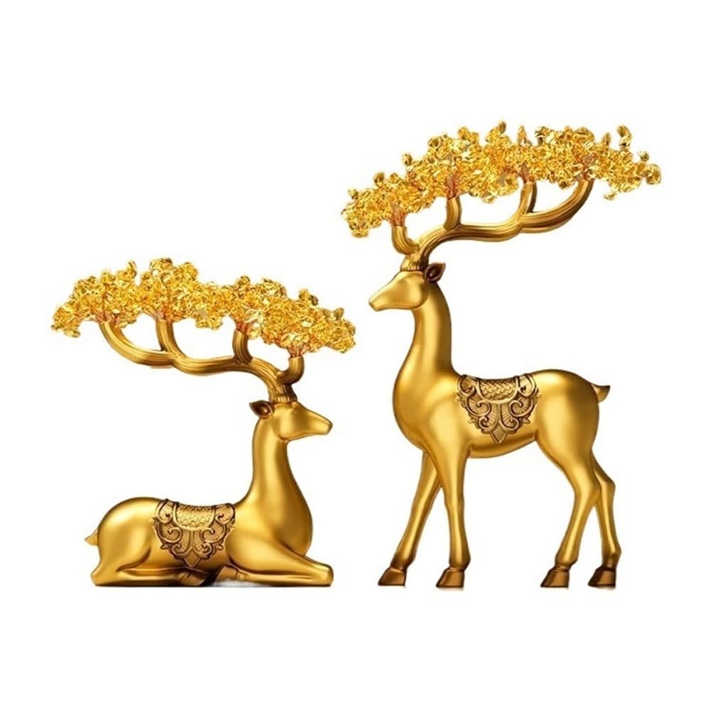 HCZKIUJY Luck and Wealth Crystal Tree Twin Deer Money Crystal Tree Decoration, Home Feng Shui Desktop Ornament Chakra Money Tree (Gold)