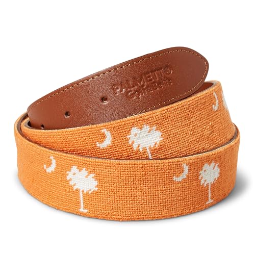 Palmetto Golf & Belts, Handmade Palmetto Tree Needlepoint Golf Belt, Orange Clemson backdrop with White Palmetto Tree,3