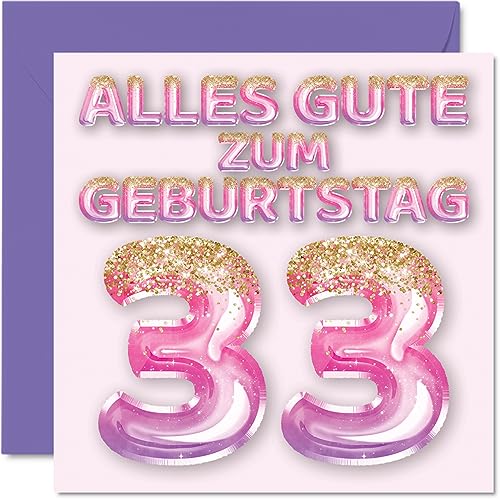 Stuff4 Tarjeta de cumpleaños 33 para mujer, globos con purpurina rosa y morada, tarjetas de felicitación de cumpleaños para 33 años, esposa, hija, hermana, tía, 145 mm, treinta y tres cumpleaños